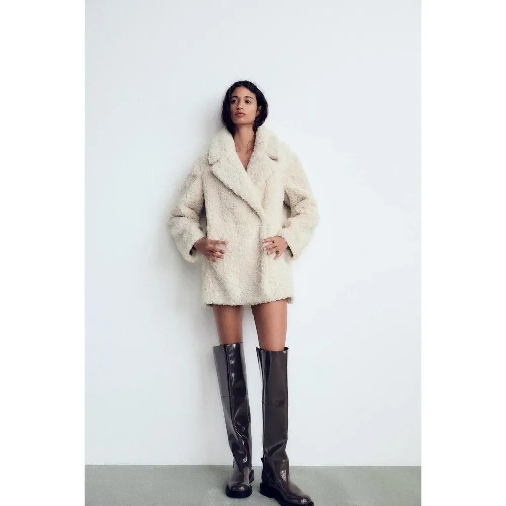 Zara Womens Faux Fur Coat Jacket XS Oyster White Teddy collared 4391/855 NWT - Picture 1 of 16